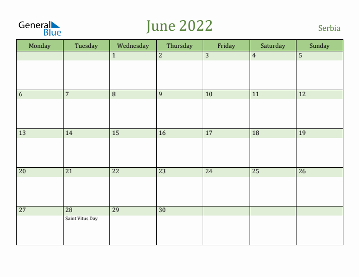 June 2022 Calendar with Serbia Holidays