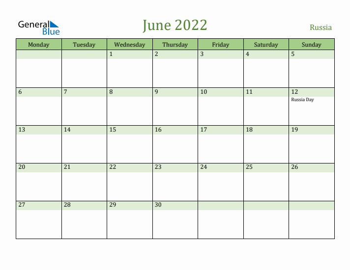 June 2022 Calendar with Russia Holidays