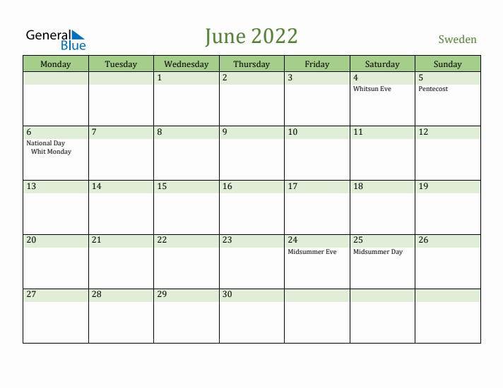 June 2022 Calendar with Sweden Holidays