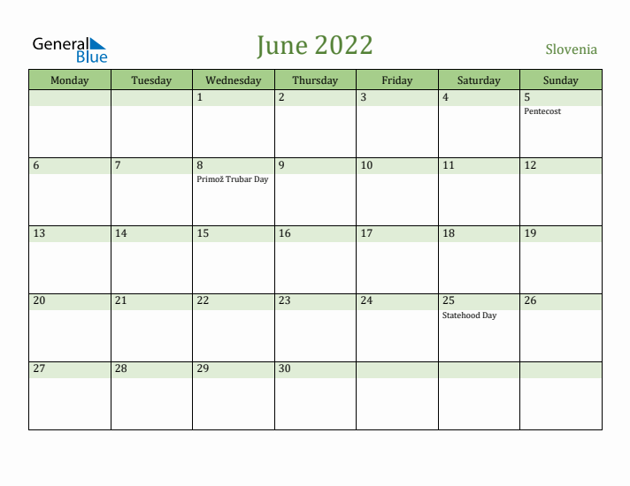 June 2022 Calendar with Slovenia Holidays