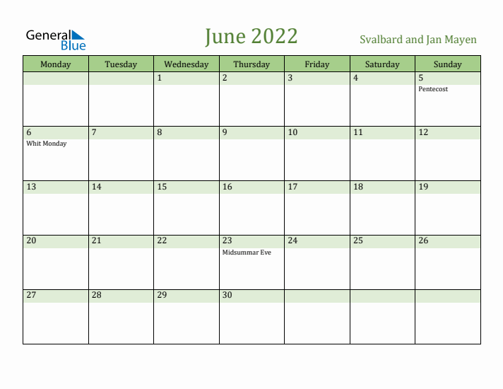 June 2022 Calendar with Svalbard and Jan Mayen Holidays