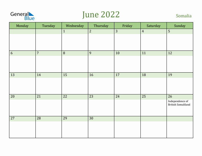 June 2022 Calendar with Somalia Holidays