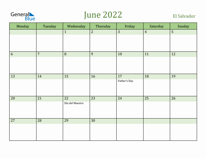 June 2022 Calendar with El Salvador Holidays