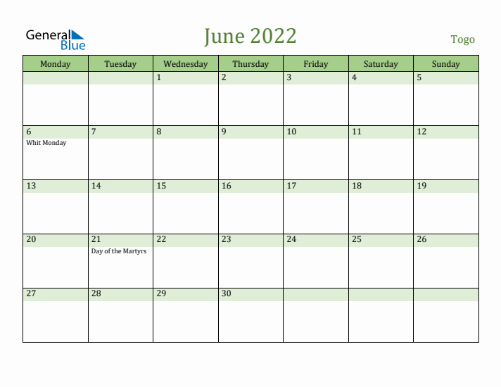 June 2022 Calendar with Togo Holidays