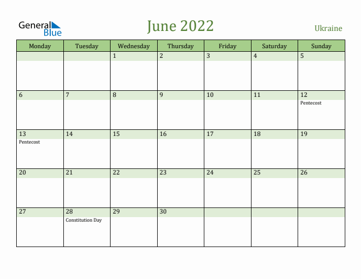 June 2022 Calendar with Ukraine Holidays