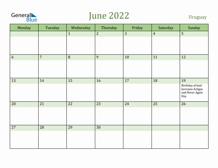 June 2022 Calendar with Uruguay Holidays