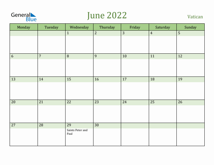 June 2022 Calendar with Vatican Holidays