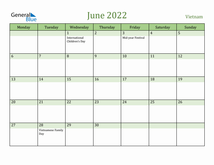 June 2022 Calendar with Vietnam Holidays