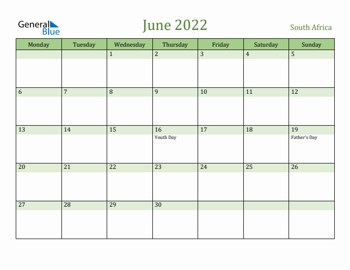 June 2022 Calendar with South Africa Holidays