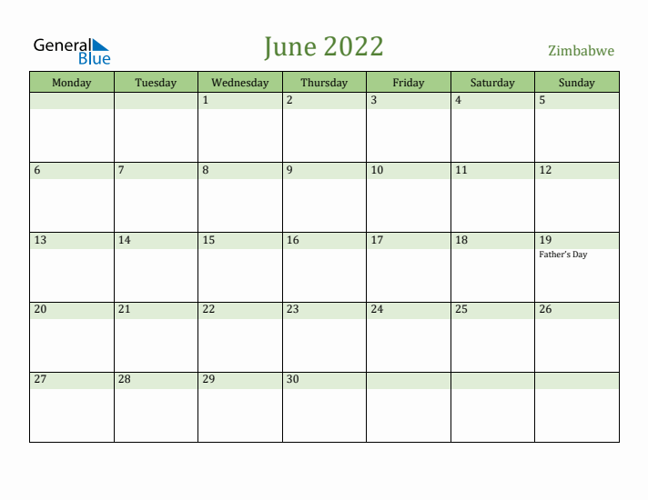 June 2022 Calendar with Zimbabwe Holidays