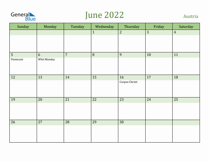 June 2022 Calendar with Austria Holidays