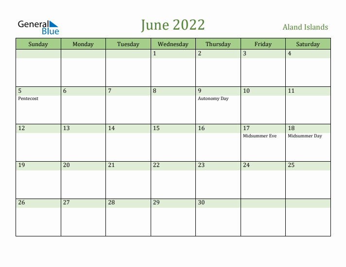 June 2022 Calendar with Aland Islands Holidays