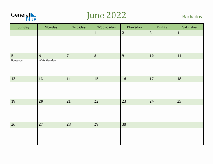 June 2022 Calendar with Barbados Holidays