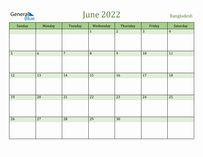 June 2022 Calendar with Bangladesh Holidays