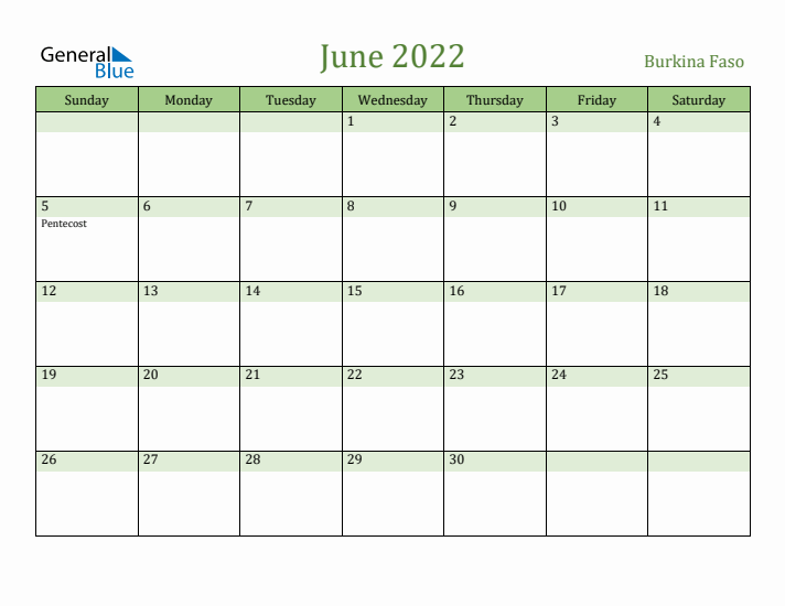 June 2022 Calendar with Burkina Faso Holidays