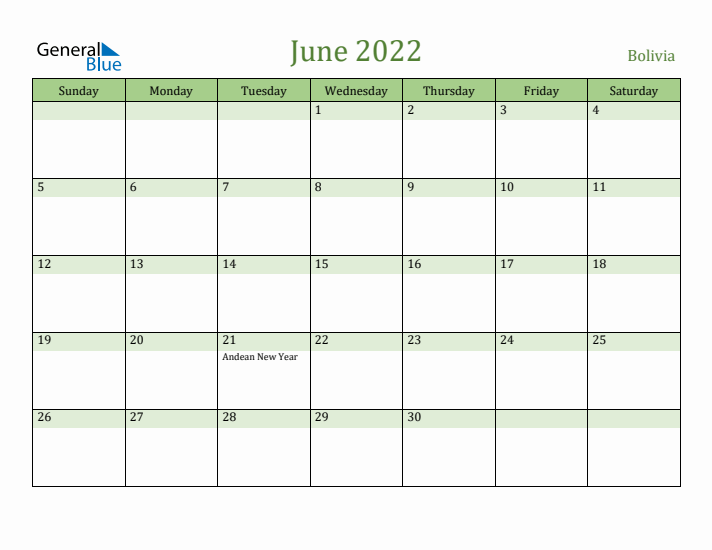 June 2022 Calendar with Bolivia Holidays