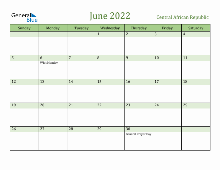 June 2022 Calendar with Central African Republic Holidays