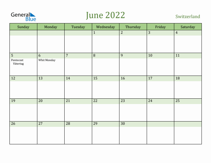 June 2022 Calendar with Switzerland Holidays