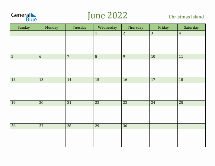 June 2022 Calendar with Christmas Island Holidays