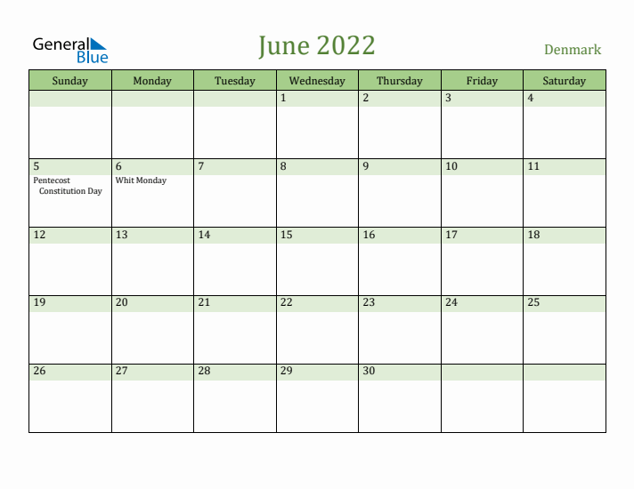 June 2022 Calendar with Denmark Holidays