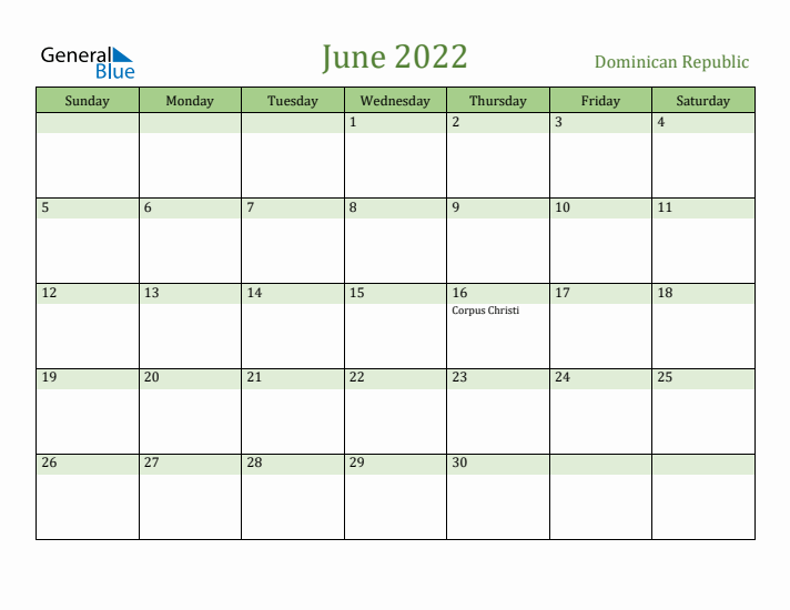 June 2022 Calendar with Dominican Republic Holidays