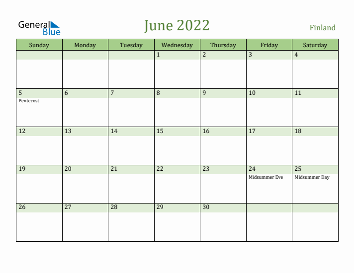 June 2022 Calendar with Finland Holidays