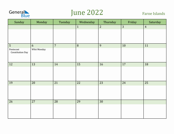 June 2022 Calendar with Faroe Islands Holidays
