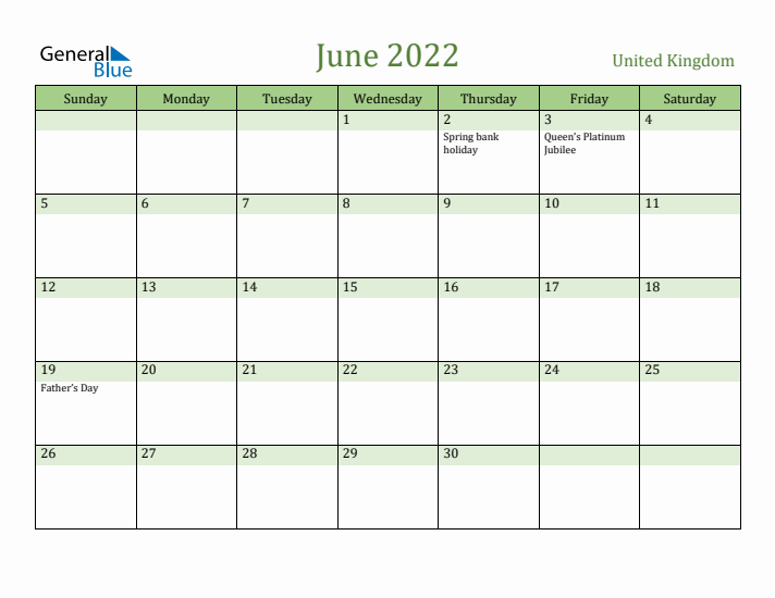 June 2022 Calendar with United Kingdom Holidays
