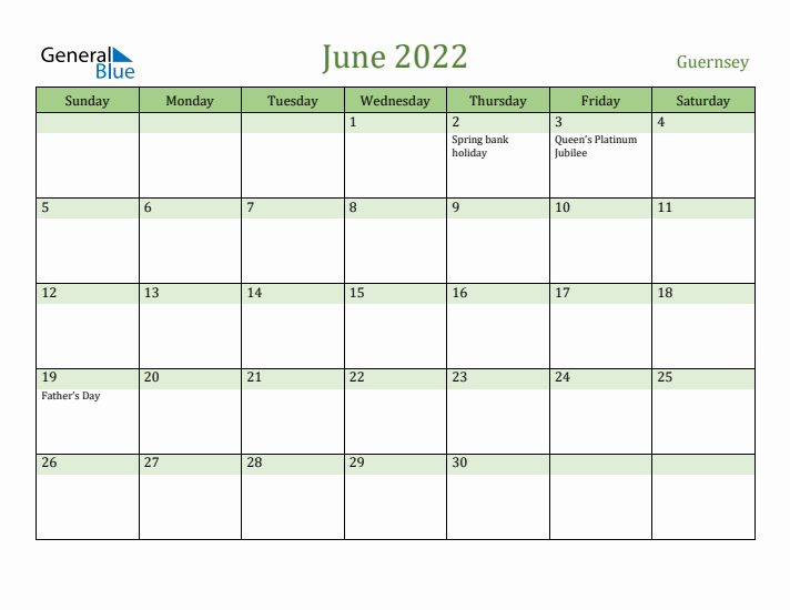 June 2022 Calendar with Guernsey Holidays