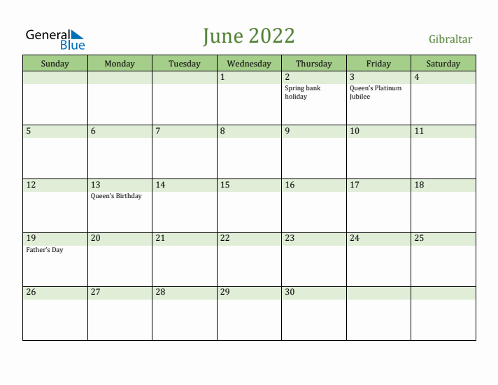 June 2022 Calendar with Gibraltar Holidays