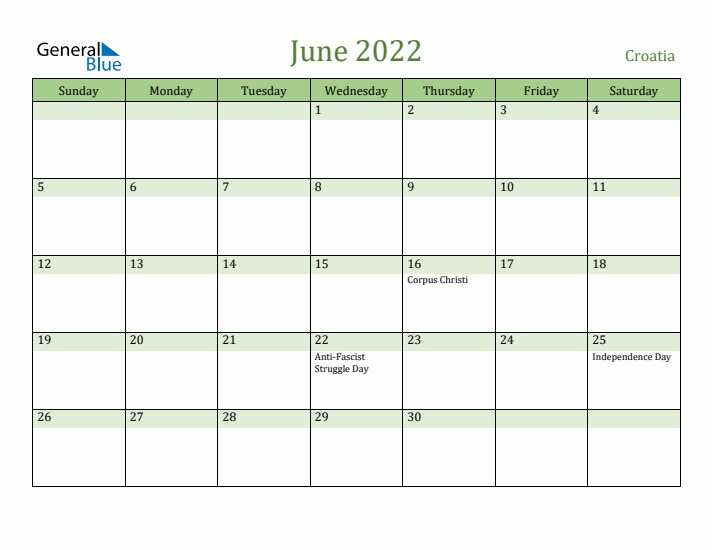 June 2022 Calendar with Croatia Holidays