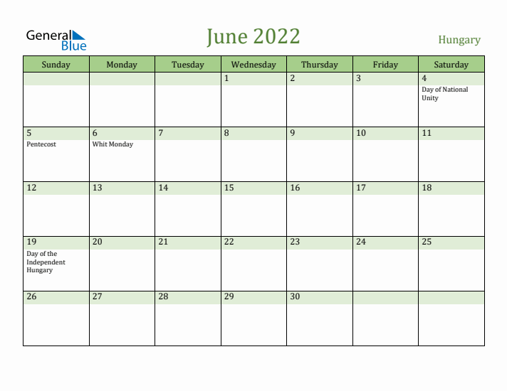 June 2022 Calendar with Hungary Holidays