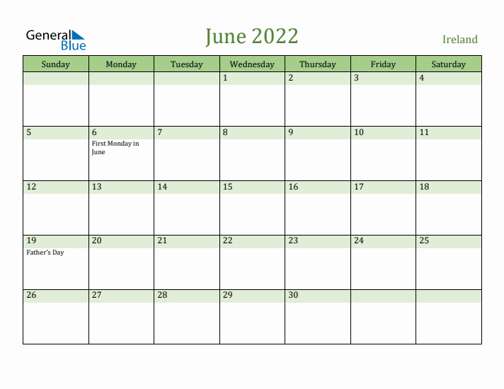 June 2022 Calendar with Ireland Holidays