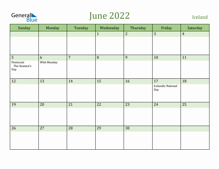 June 2022 Calendar with Iceland Holidays