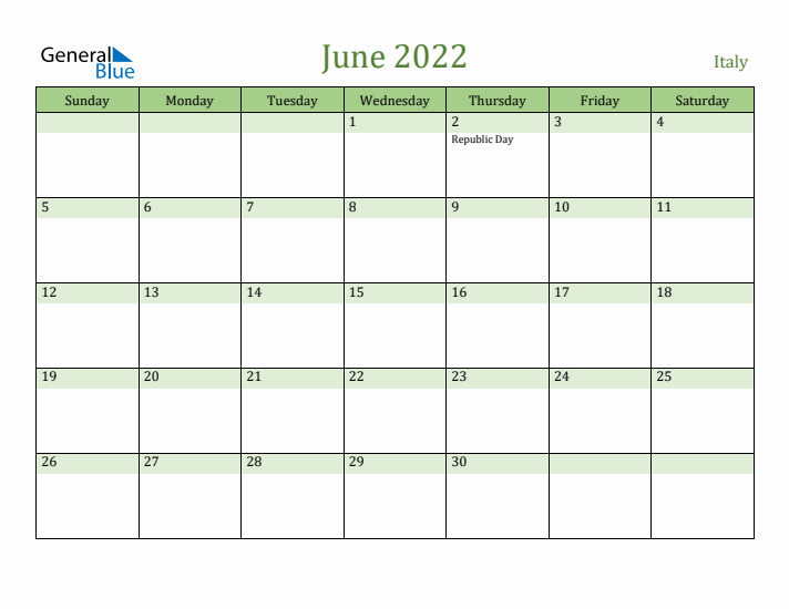 June 2022 Calendar with Italy Holidays