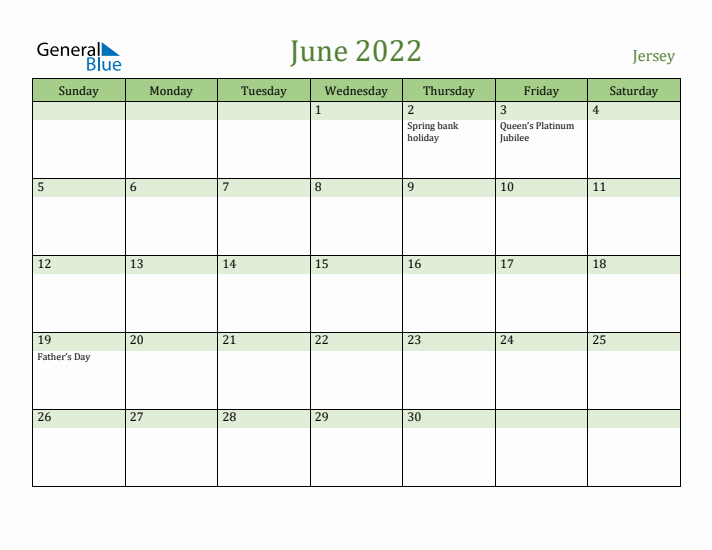June 2022 Calendar with Jersey Holidays