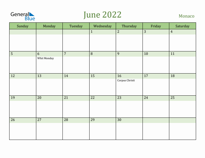 June 2022 Calendar with Monaco Holidays