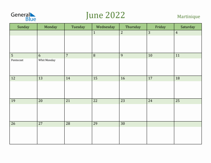 June 2022 Calendar with Martinique Holidays