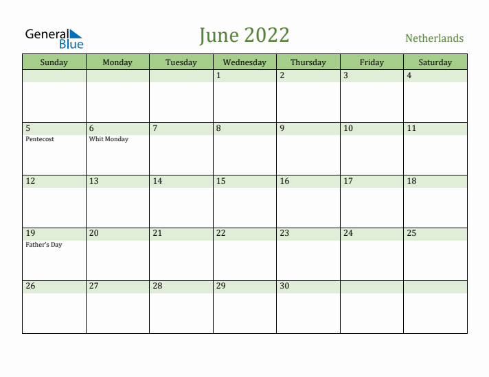 June 2022 Calendar with The Netherlands Holidays