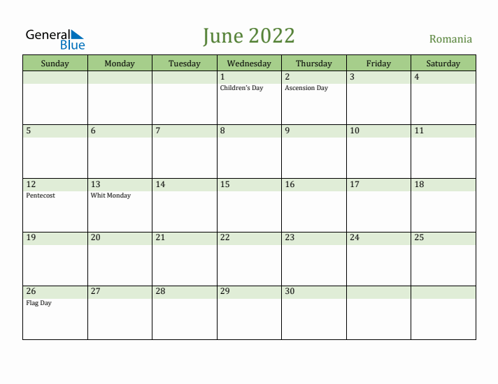 June 2022 Calendar with Romania Holidays