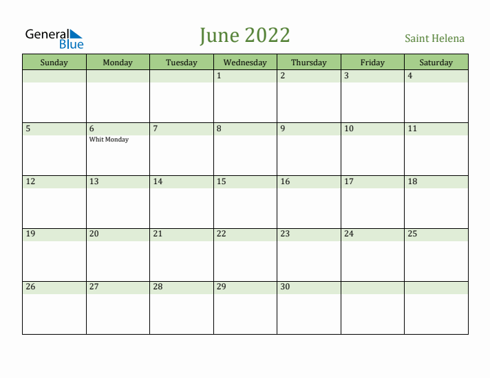 June 2022 Calendar with Saint Helena Holidays