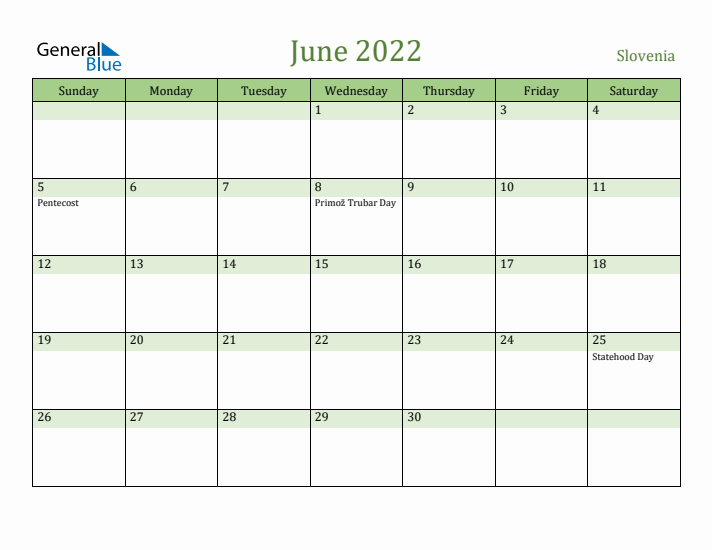 June 2022 Calendar with Slovenia Holidays