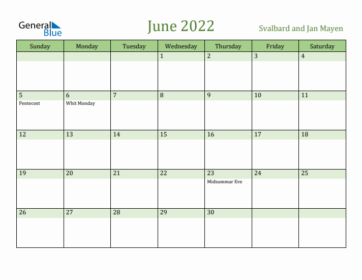 June 2022 Calendar with Svalbard and Jan Mayen Holidays