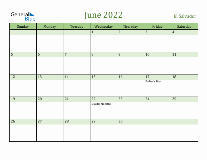 June 2022 Calendar with El Salvador Holidays
