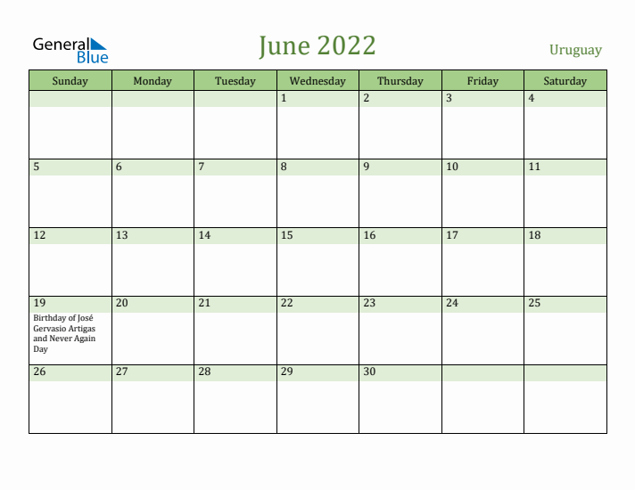 June 2022 Calendar with Uruguay Holidays