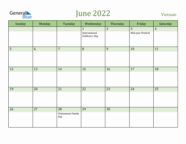 June 2022 Calendar with Vietnam Holidays