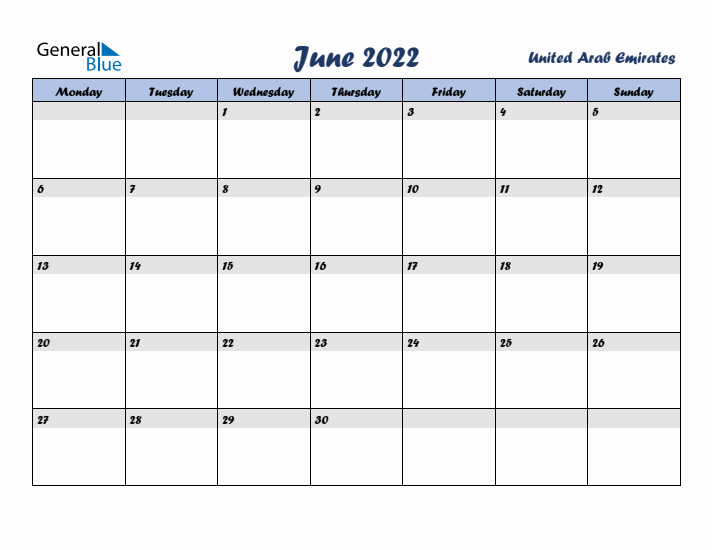 June 2022 Calendar with Holidays in United Arab Emirates