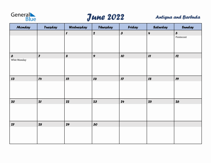 June 2022 Calendar with Holidays in Antigua and Barbuda
