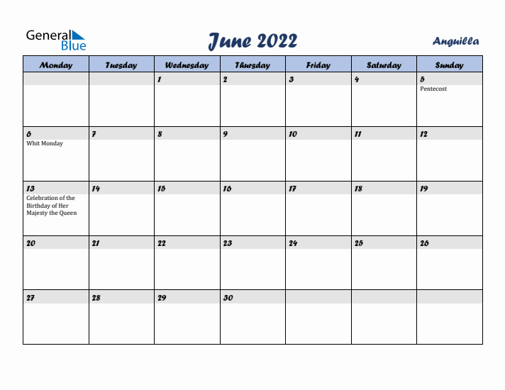 June 2022 Calendar with Holidays in Anguilla