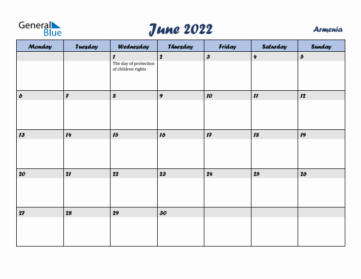 June 2022 Calendar with Holidays in Armenia